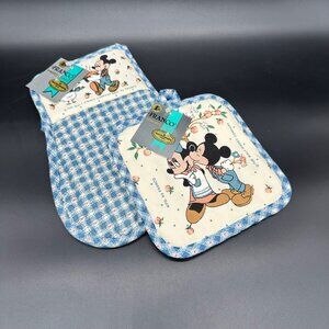 Vintage Mickey Minnie Disney Oven Mitt Pot Holder Set 1980s Franco Blue Country